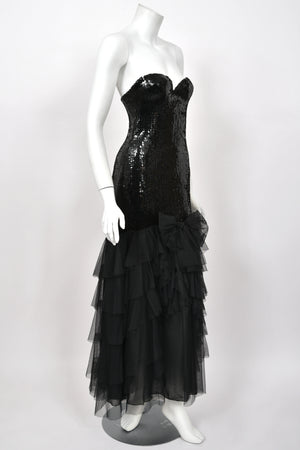1978 Loris Azzaro Couture Black Sequin Strapless Tiered-Ruffle Gown & Sheer Capelet