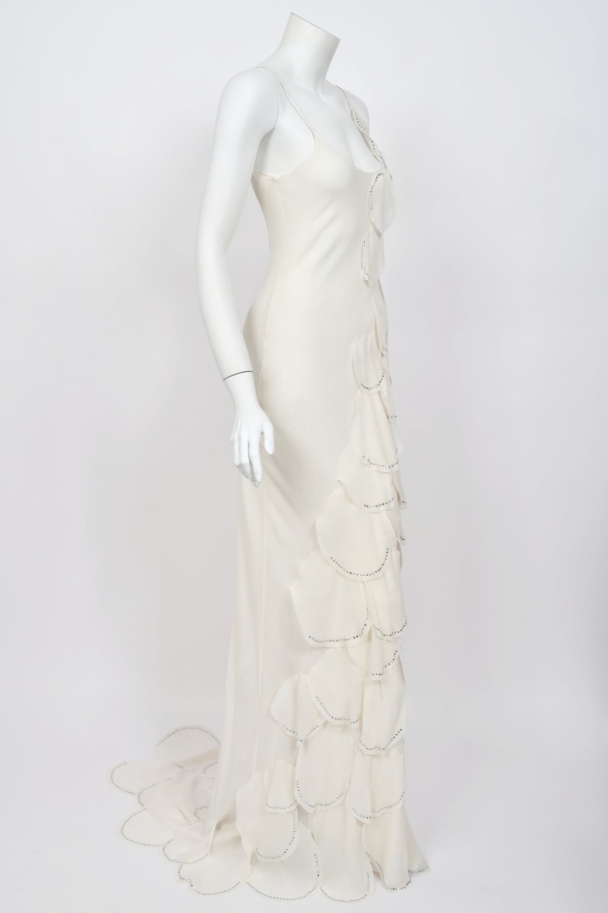 1990 Angelo Tarlazzi Paris Couture Ivory Silk Rhinestone Petals Bias-Cut Trained Gown