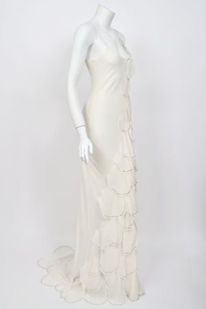1990 Angelo Tarlazzi Paris Couture Ivory Silk Rhinestone Petals Bias-Cut Trained Gown