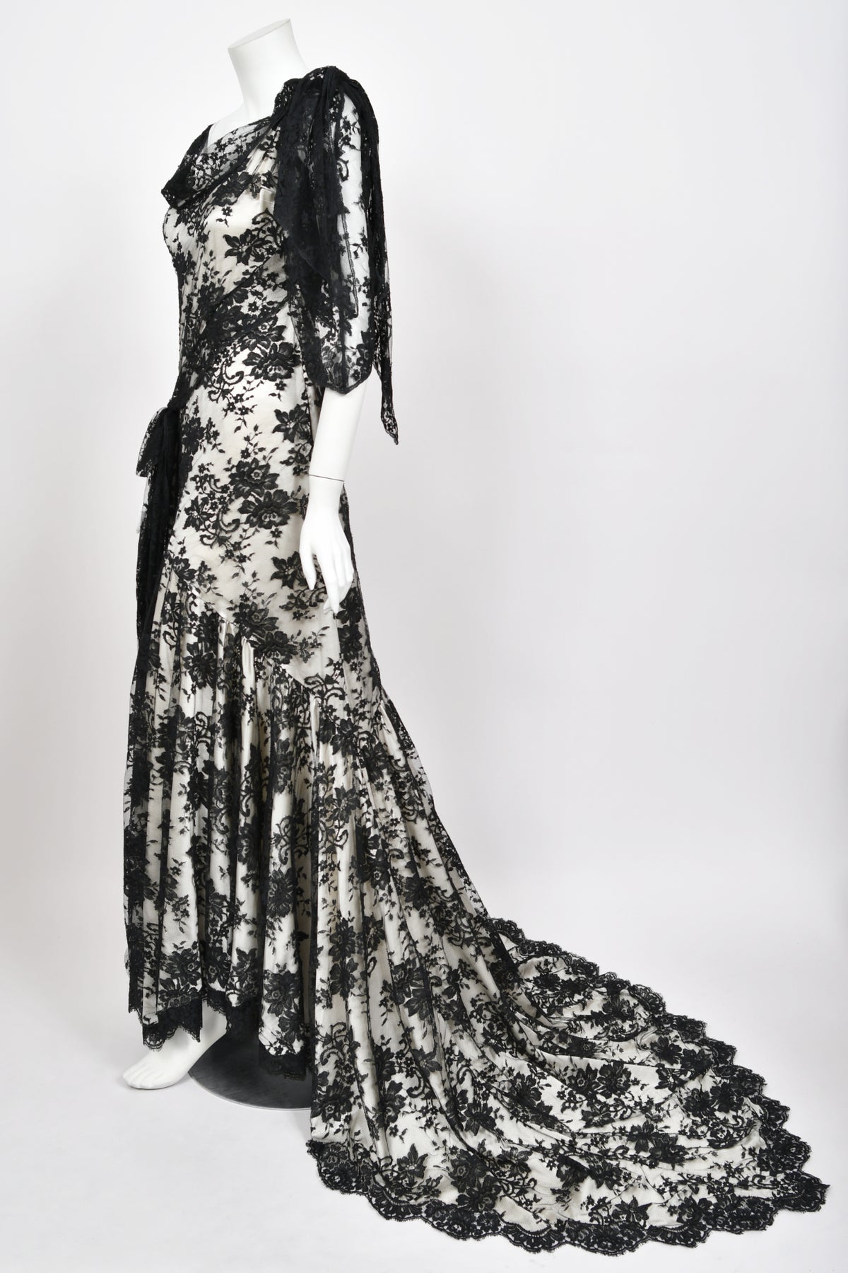 2005 Christian Dior by John Galliano Black Lace &amp; Ivory Silk Trained Bias-Cut Gown