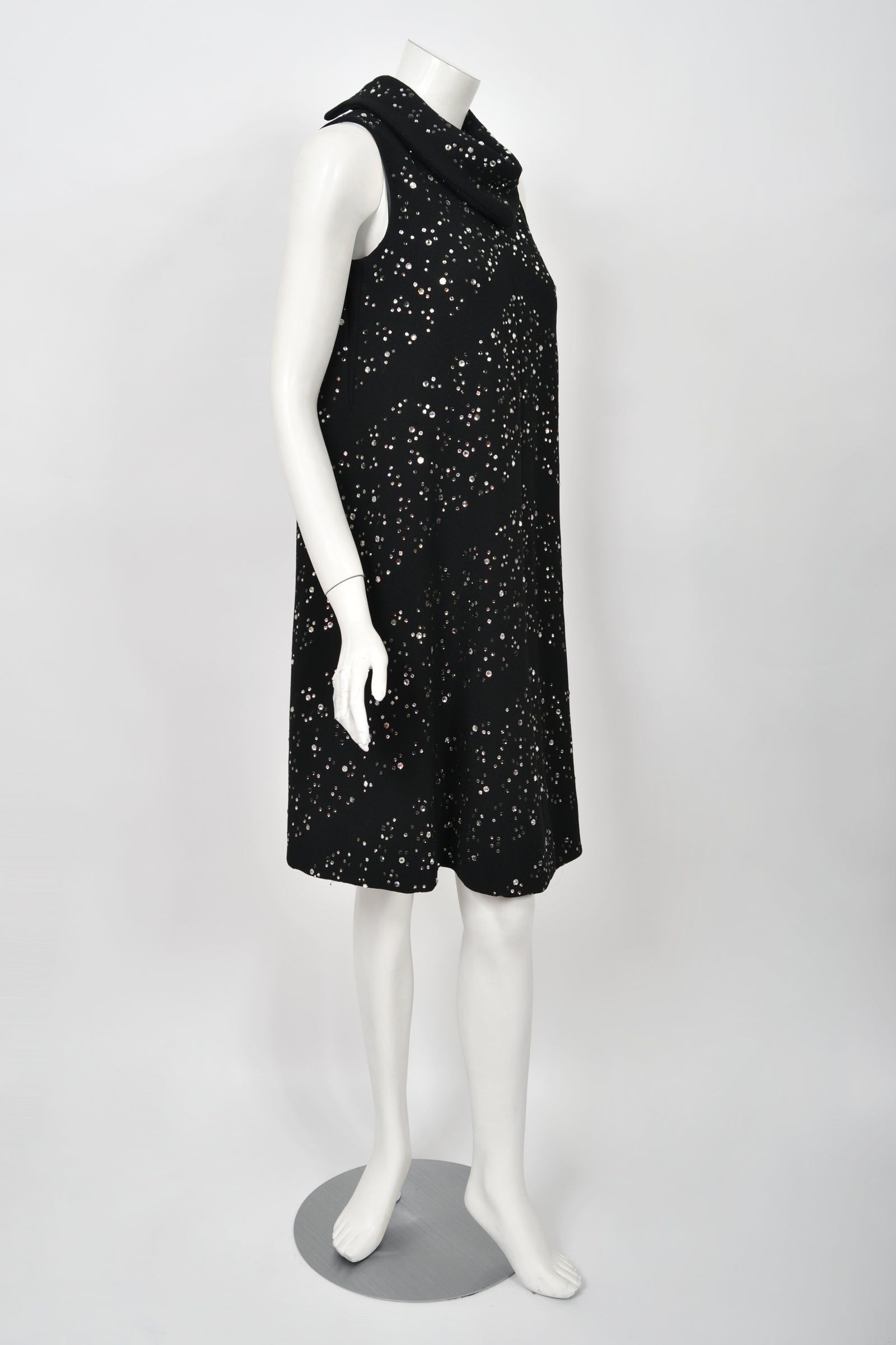 1960's Pauline Trigère Rhinestone Studded Black Wool Mod Trapeze Dress