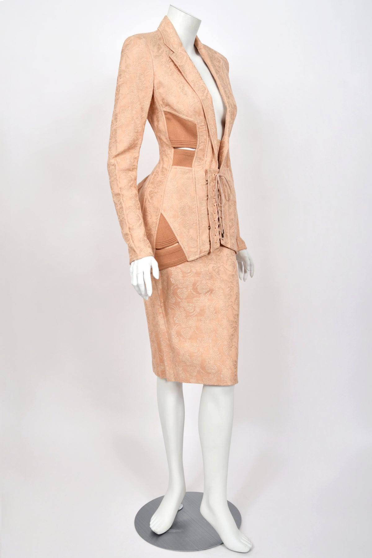 2004 Jean Paul Gaultier Runway Embroidered Blush Pink Corset Jacket & Matching Skirt