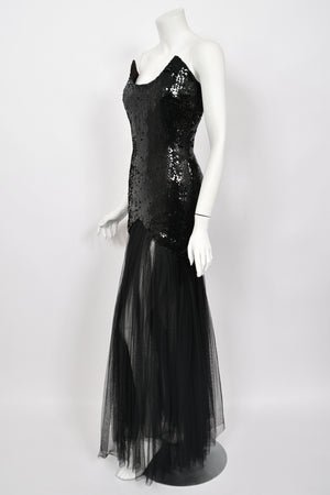 1986 Thierry Mugler 'Hiver Russe' Collection Black Sequin Bustier Sheer Gown