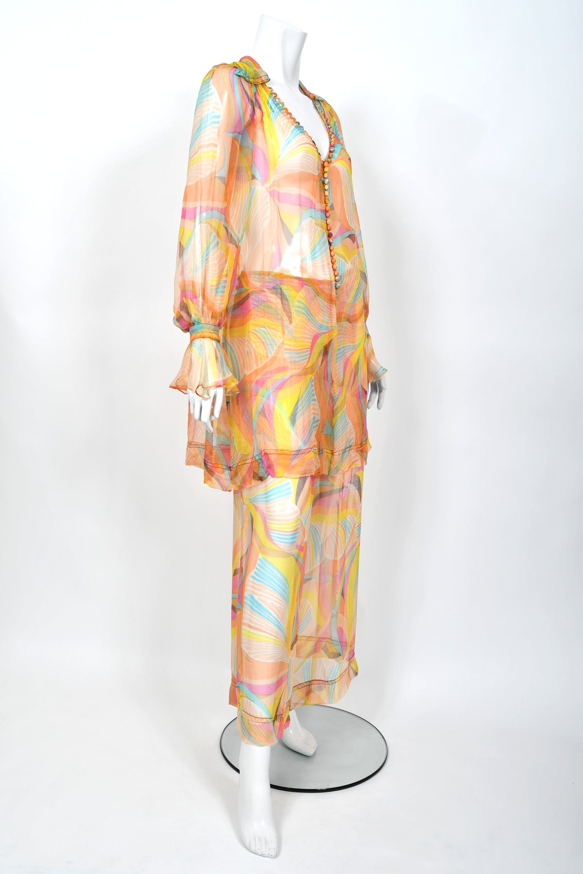 1967 Jean Muir Documented Psychedelic Op-Art Sheer Silk Tunic Mini Dress &amp; Pants