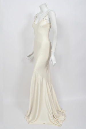 2004 John Galliano Ivory Satin Crystal Accented Bias-Cut Trained Bridal Gown