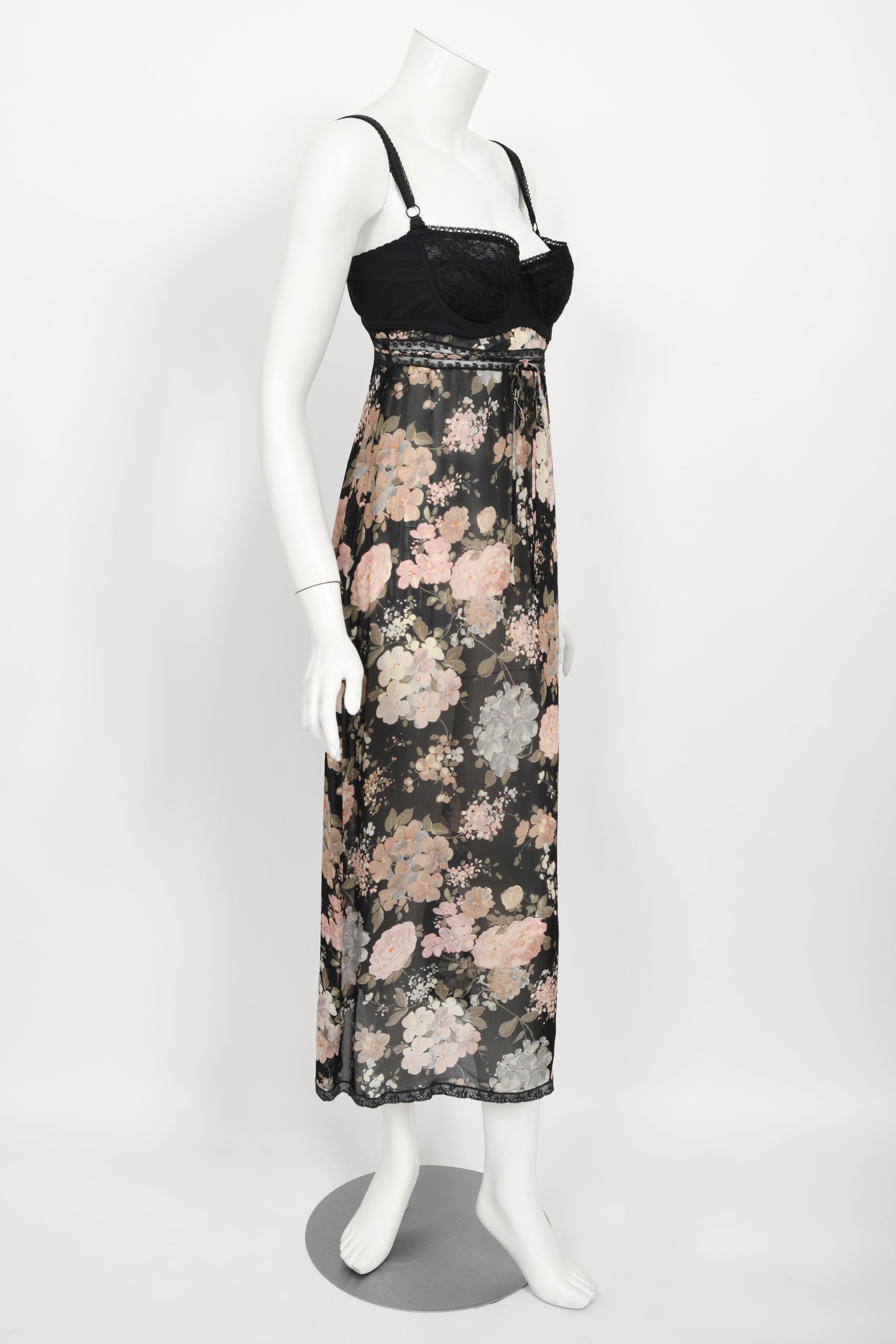 1997 Dolce & Gabbana Sheer Floral Chiffon & Lace Built-In Bra Slip Dre - Timeless Vixen 1997 Dolce & Gabbana Sheer Floral Chiffon & Lace Built-In Bra Slip Dre - Timeless Vixen