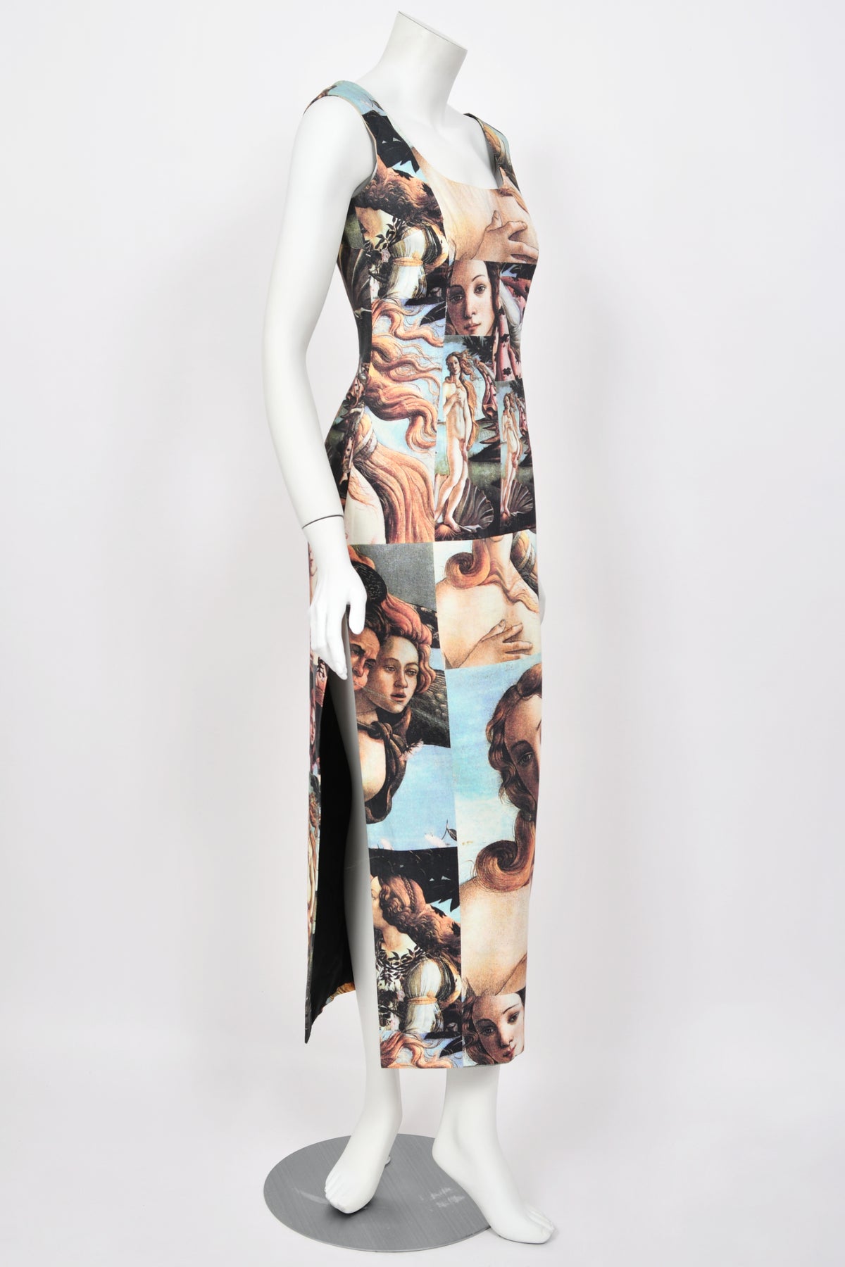 1993 Dolce &amp; Gabbana Iconic Runway &#39;Birth of Venus&#39; Collage Print High-Slit Hourglass Dress