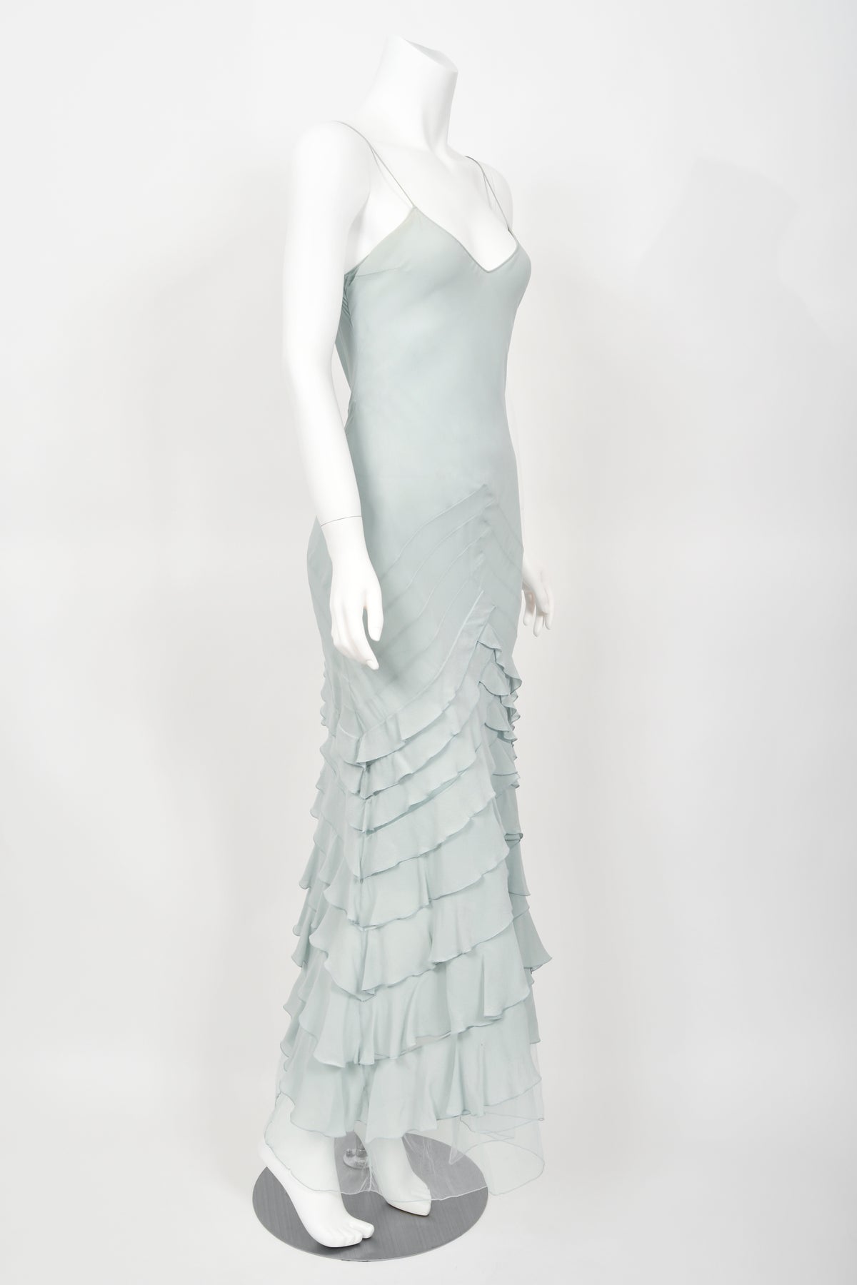 2004 Christian Dior by John Galliano Ethereal Ice Blue Silk &amp; Tulle Tiered Bias-Cut Gown