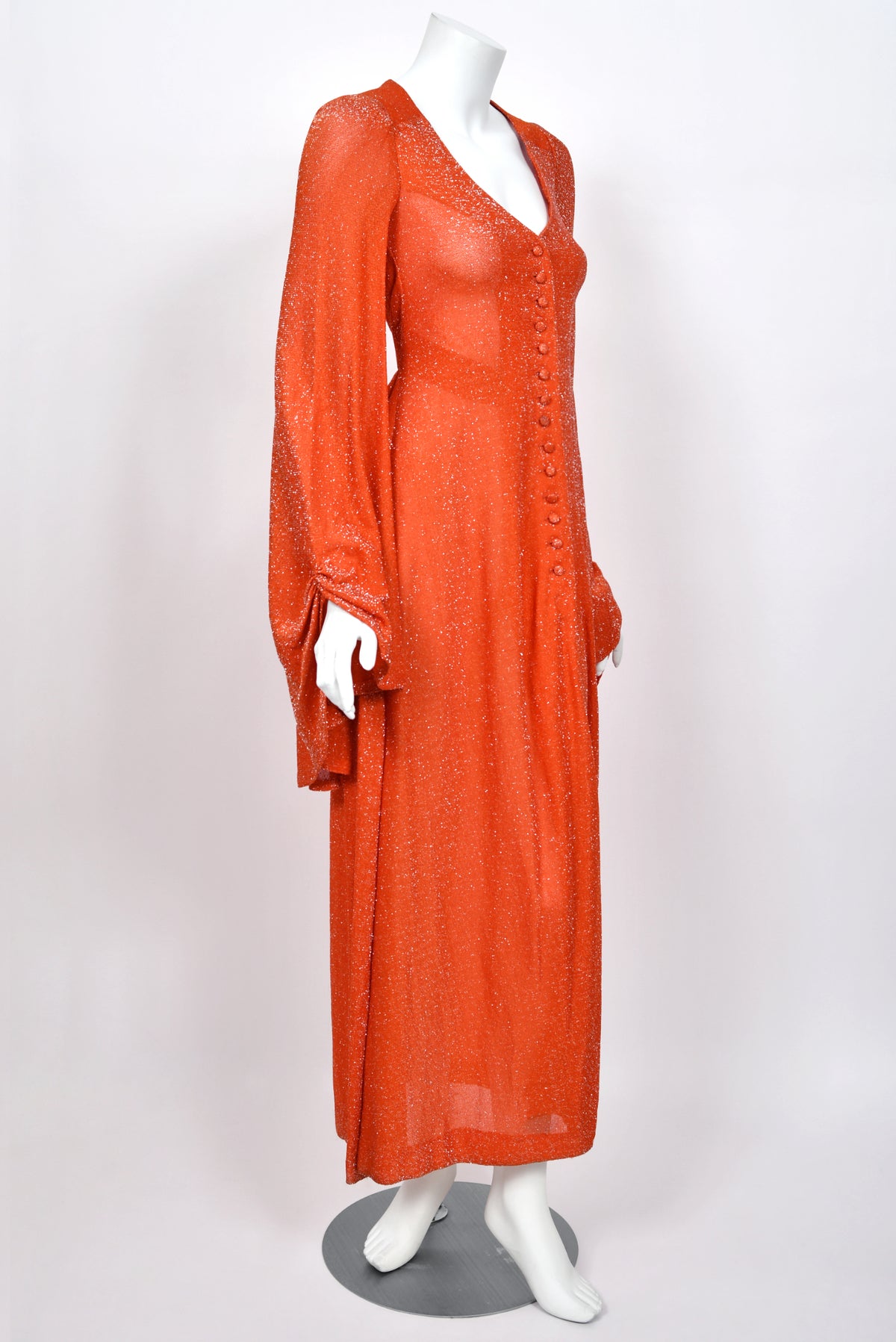 1974 Biba by Barbara Hulanicki Metallic Orange Lurex Angel-Sleeve High Slit Maxi Dress