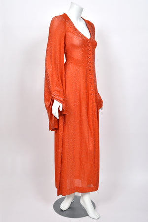 1974 Biba by Barbara Hulanicki Metallic Orange Lurex Angel-Sleeve High Slit Maxi Dress