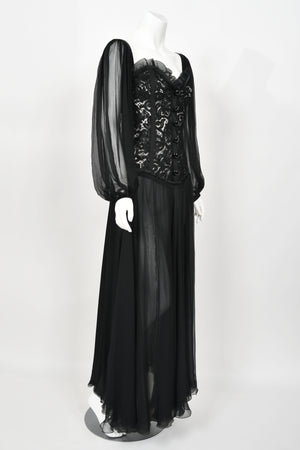 1988 Yves Saint Laurent Documented Black Sheer Silk & Boned Lace Bustier Dress