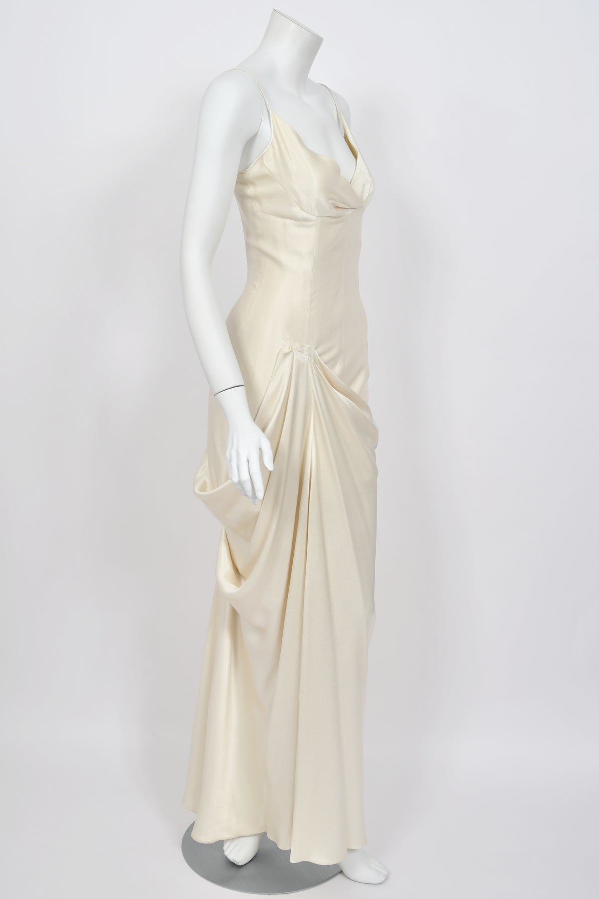 1999 John Galliano Ivory Satin Asymmetric Drape Hourglass Optional Trained Gown