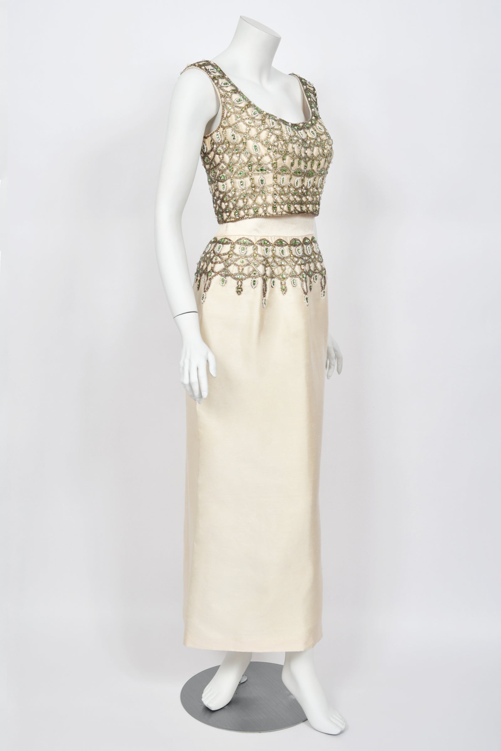 1960's British Crown Colony Beaded Rhinestone Ivory Silk Crop Top Column Gown