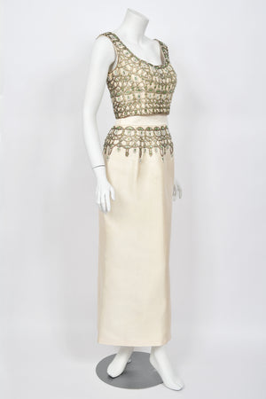 1960's British Crown Colony Beaded Rhinestone Ivory Silk Crop Top Hourglass Gown