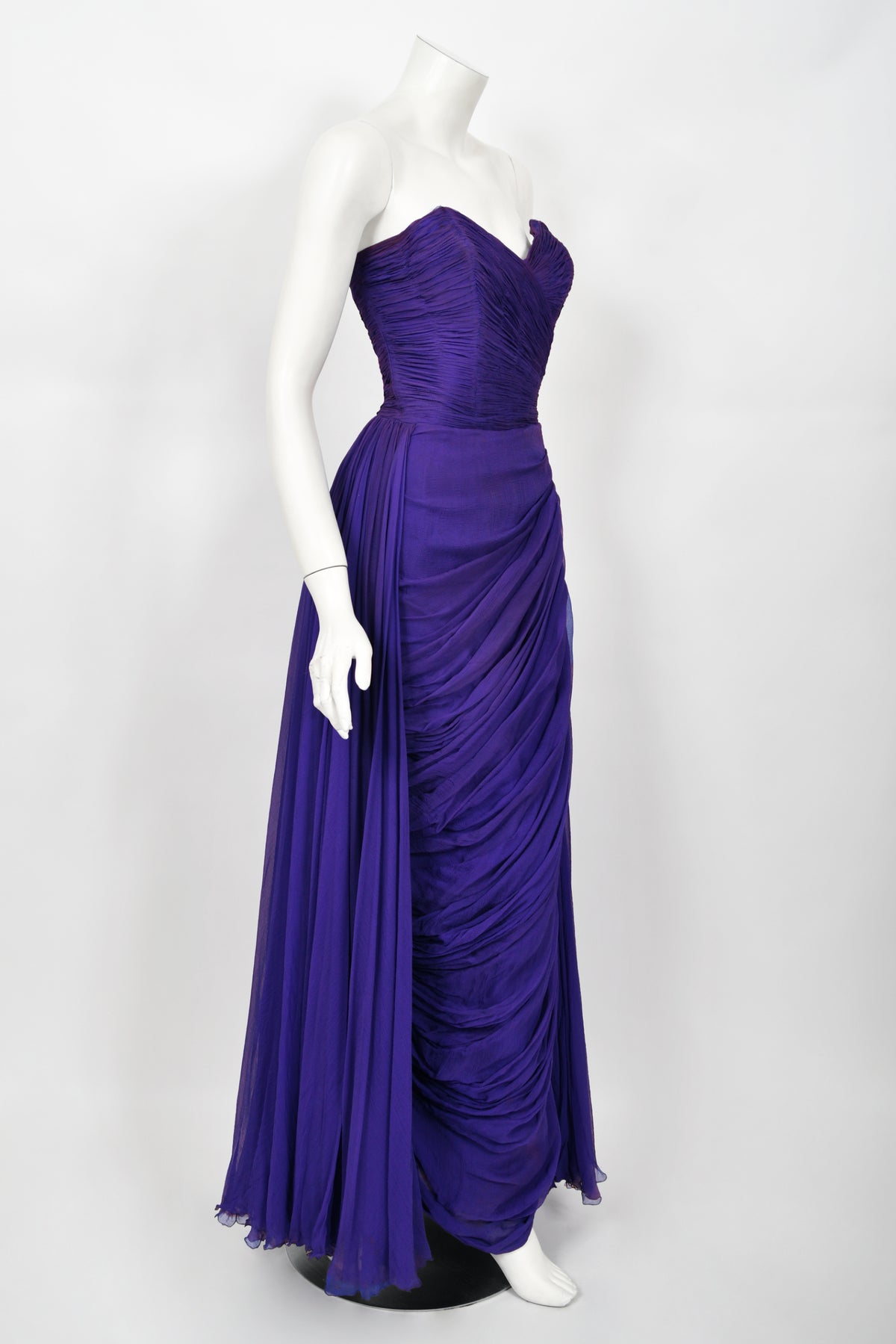 1950&#39;s Gigliola Curiel Couture Pleated Purple Silk Chiffon Strapless Goddess Gown