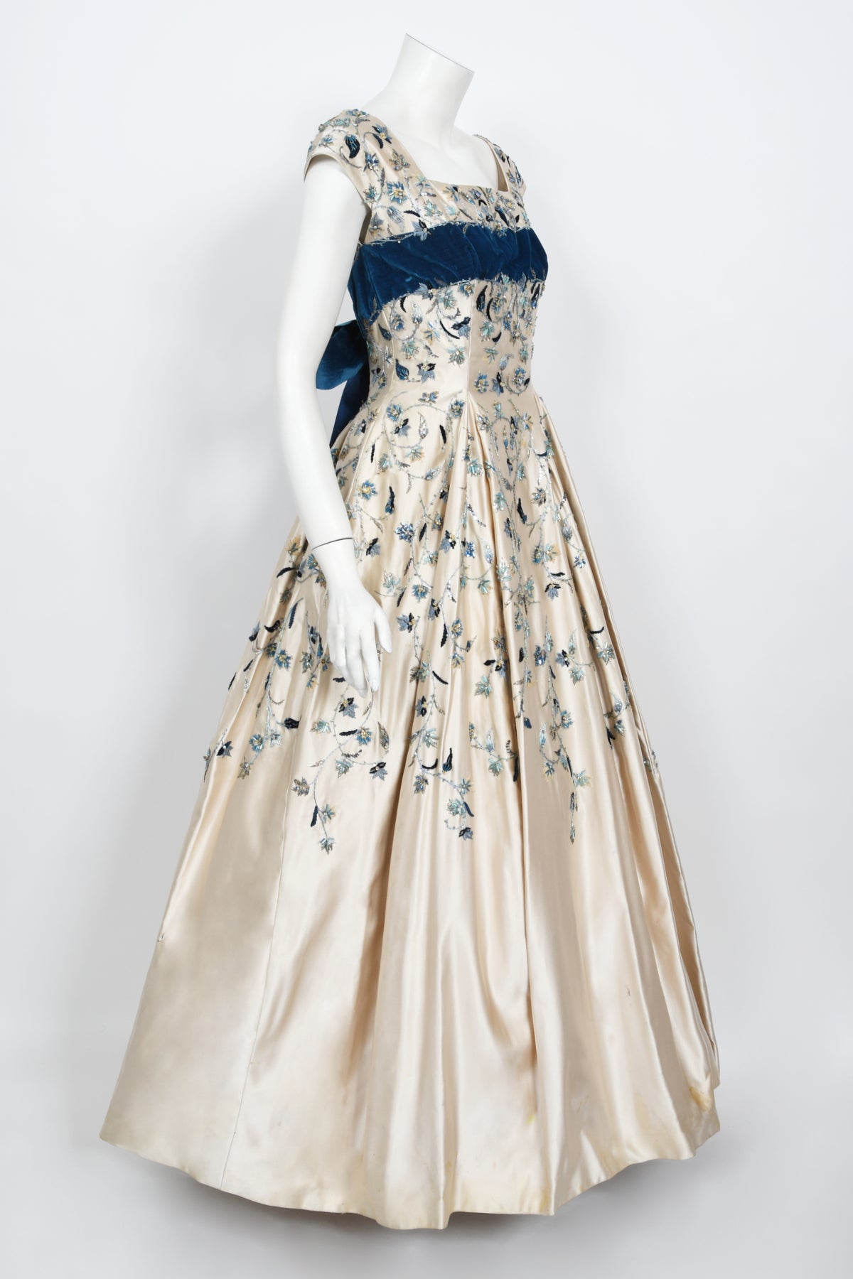 1956 Jacques Griffe Haute Couture Documented Embroidered Beaded Ivory Satin Gown