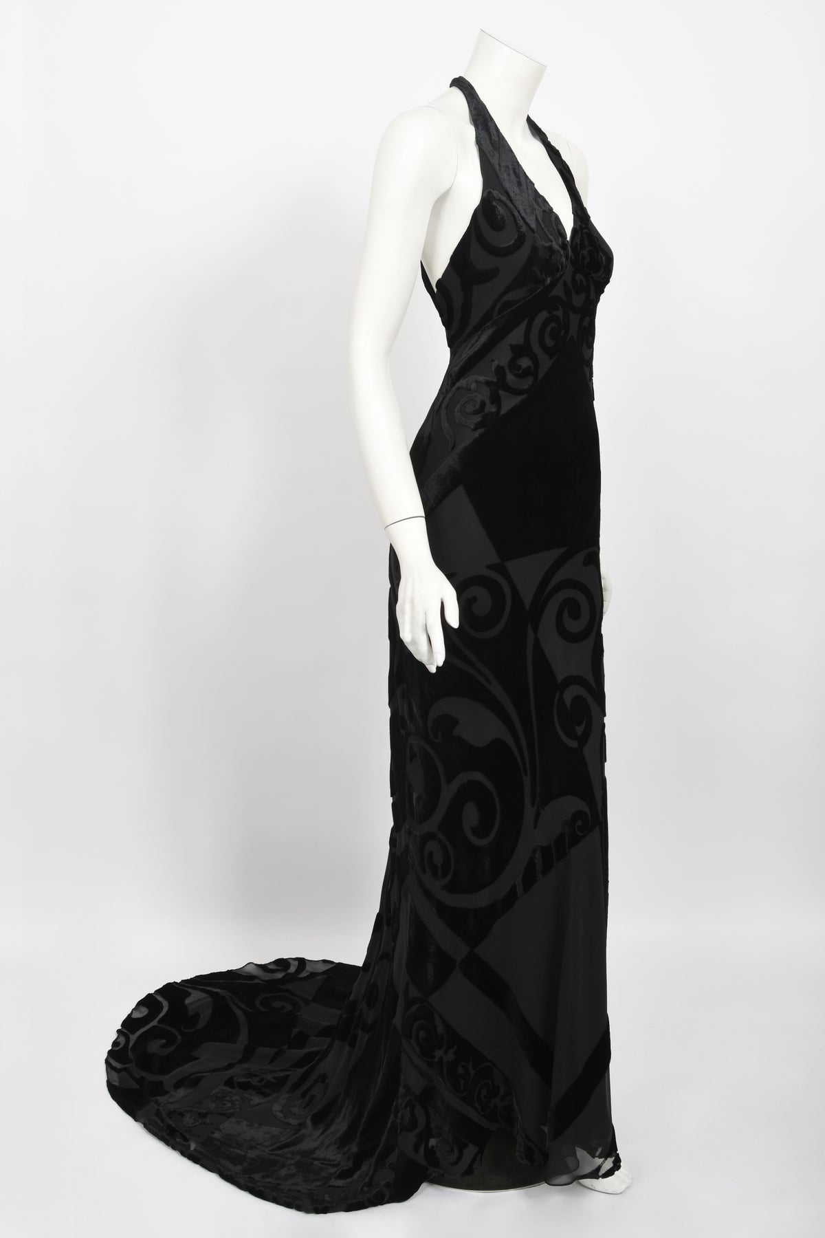 1997 Galindo Couture Black Devoré Velvet Bias-Cut Halter Trained Gown