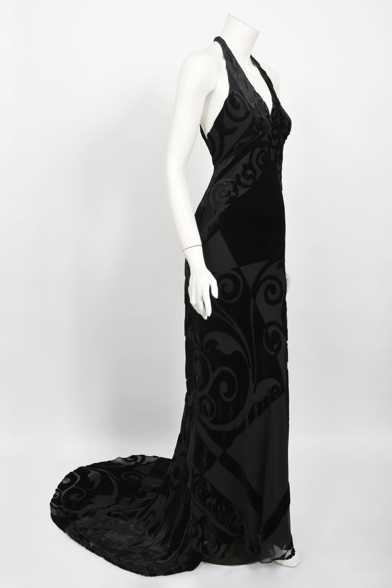1997 Galindo Couture Black Devoré Velvet Bias-Cut Halter Trained Gown