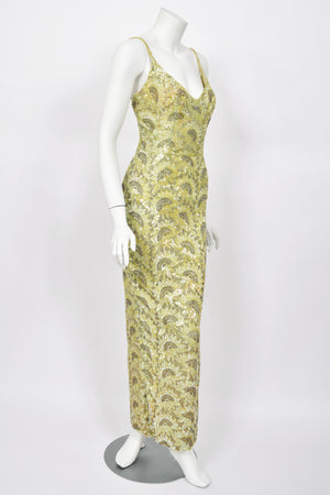 1950's Jacqueline Paris Couture Chartreuse Fully-Beaded Backless Hourglass Gown