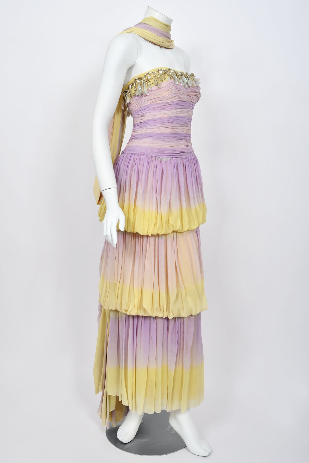 1950 Carven Haute Couture for Cécile Aubry Lilac Yellow Ombré Silk Corset Strapless Hooded Gown
