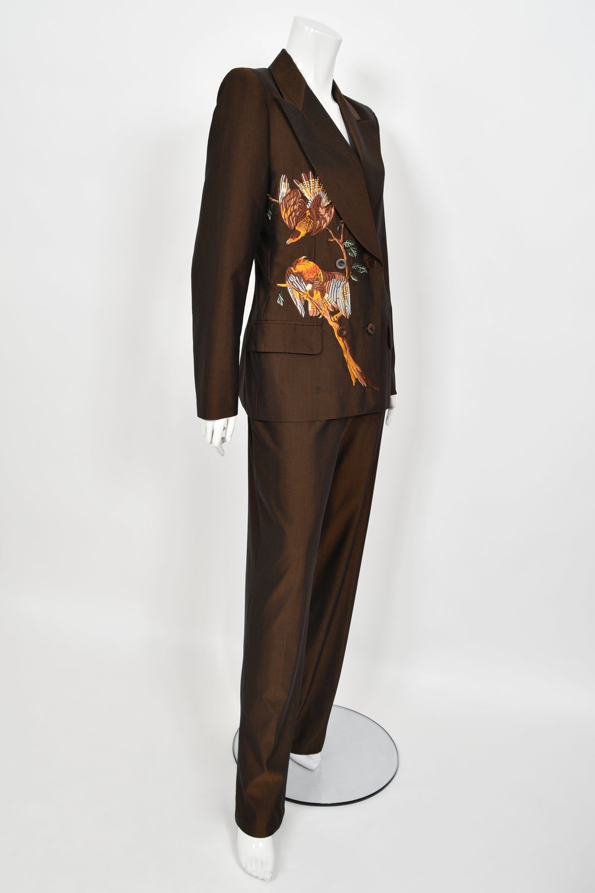 1998 Alexander McQueen for Givenchy Brown Wool Embroidered Birds Blazer Pantsuit