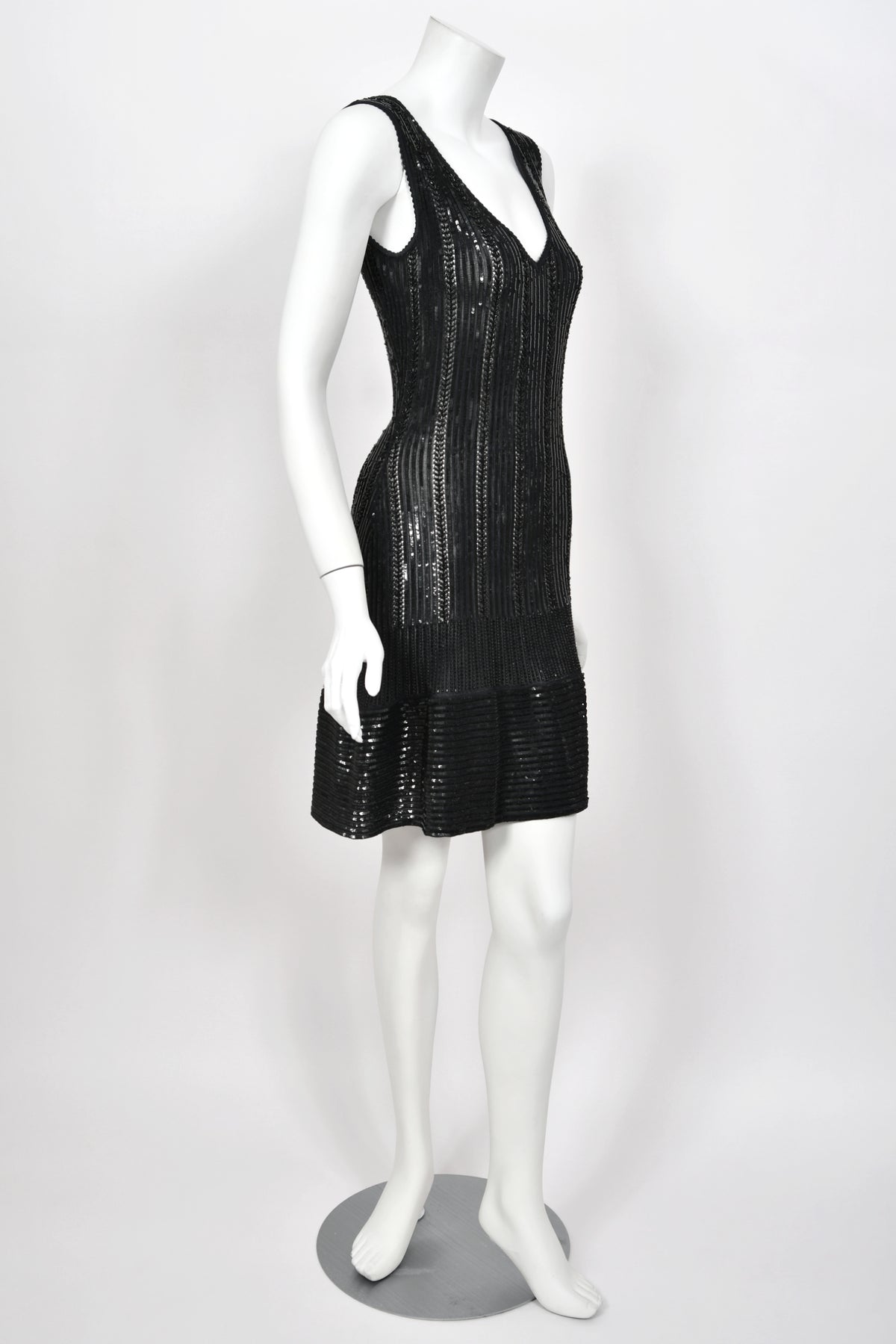 1996 Azzedine Alaia Beaded Sequin Black Semi-Sheer Stretch Knit Flounced Mini Dress