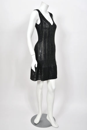 1996 Azzedine Alaia Beaded Sequin Black Semi-Sheer Stretch Knit Flounced Mini Dress