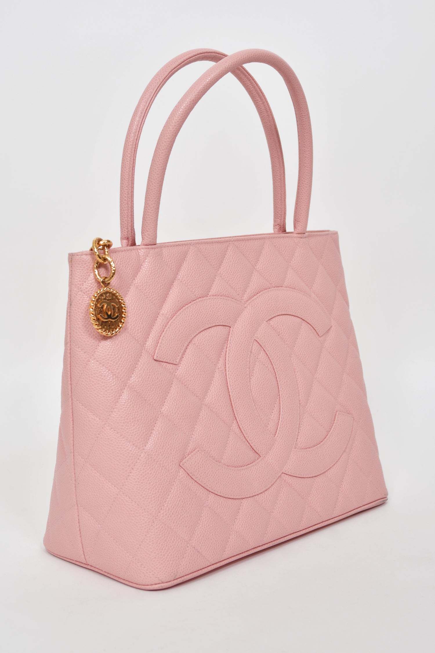 2003 Chanel by Karl Lagerfeld Pale Pink Caviar Leather Medallion Tote Logo Purse