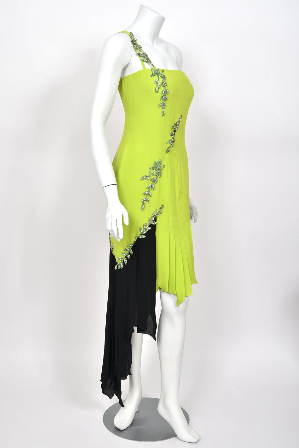 1997 Gianni Versace Lifetime Runway Lime Green & Black Embellished Silk High-Low Dress
