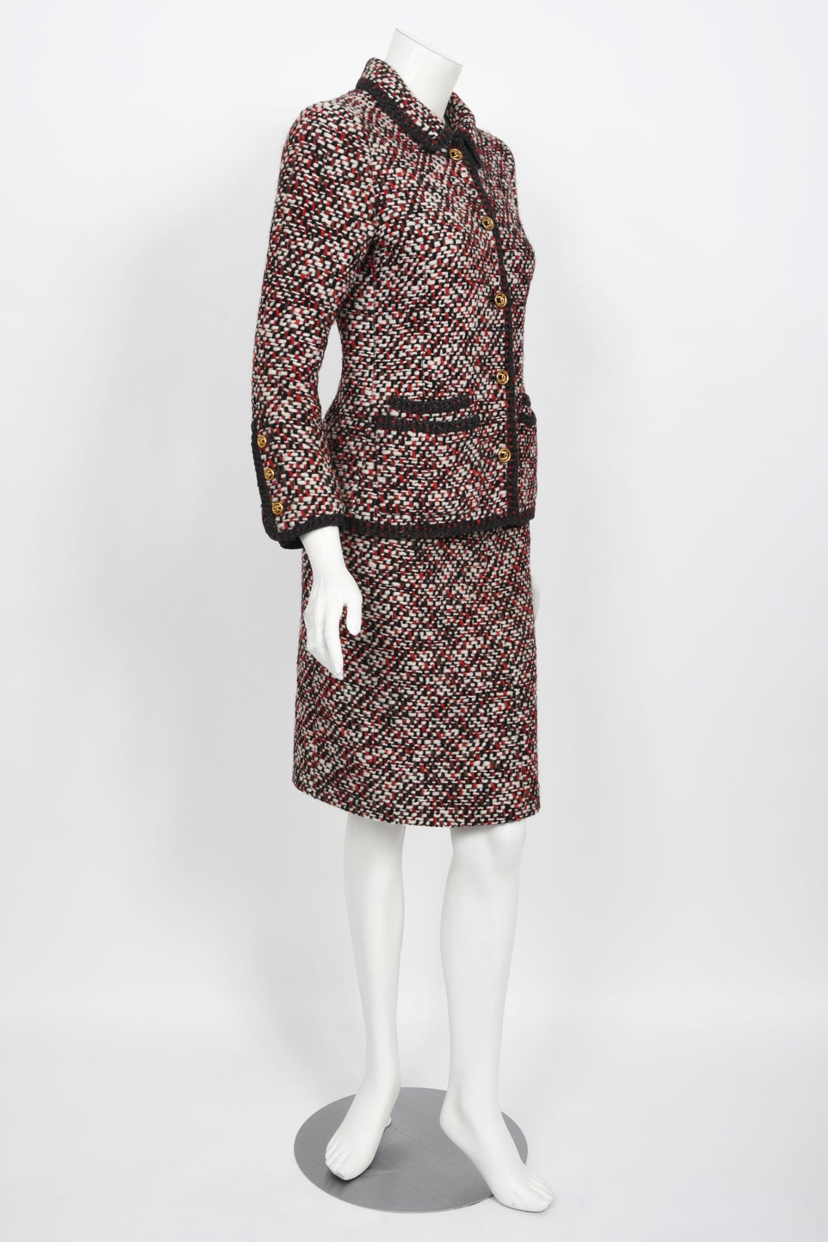 1973 Chanel Haute Couture Red Black Ivory Wool Tweed Jacket & Skirt Suit