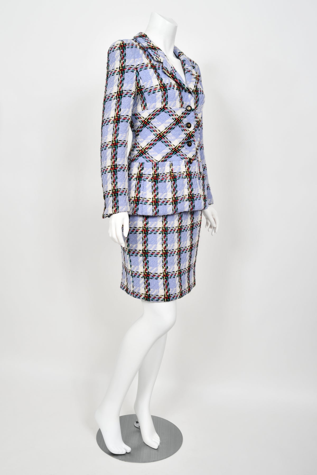 1995 Chanel by Karl Lagerfeld Runway Periwinkle Plaid Wool Barbie Jacket &amp; Skirt