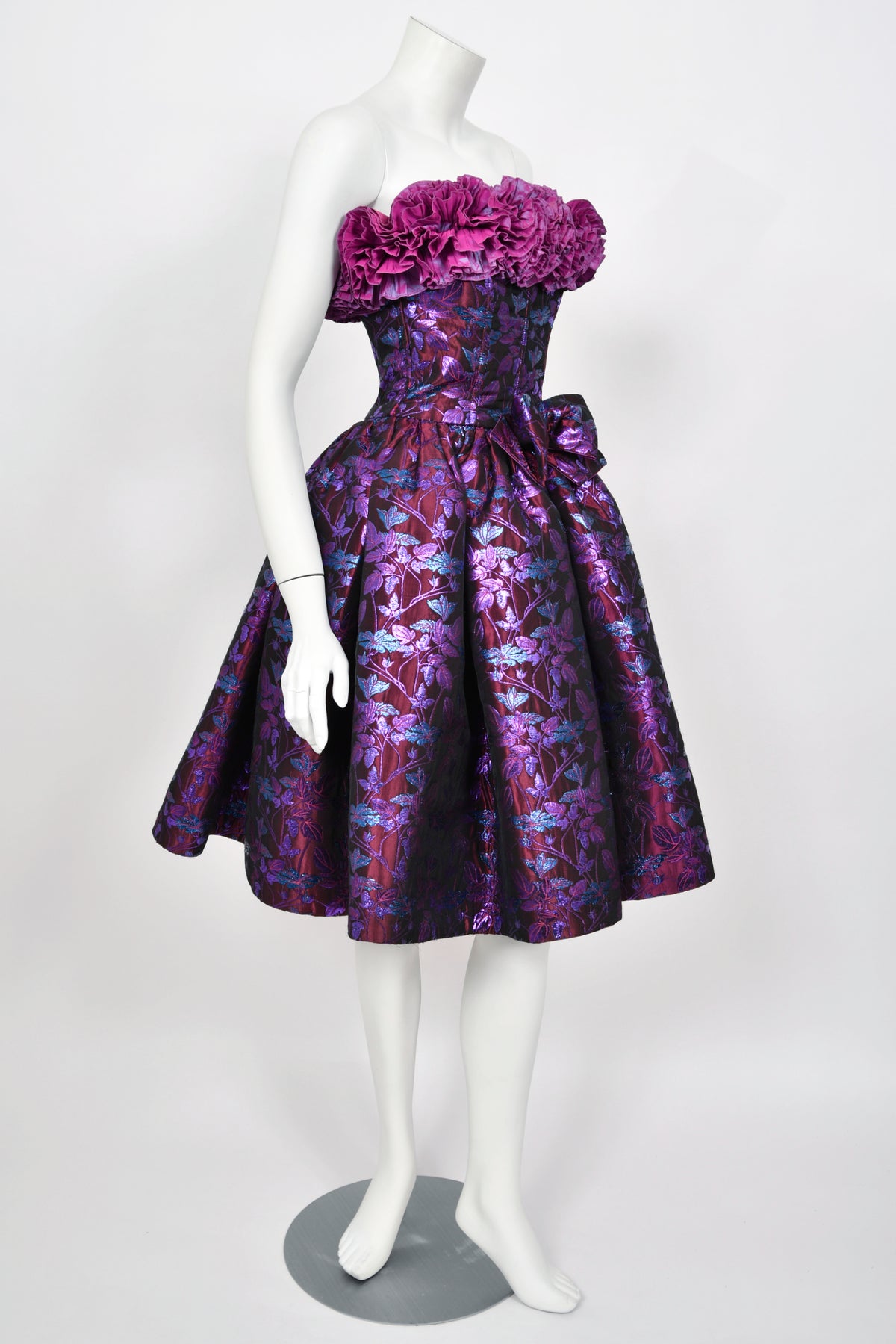 1989 Nina Ricci Haute Couture Metallic Fuchsia Silk Brocade Strapless Skirted Dress