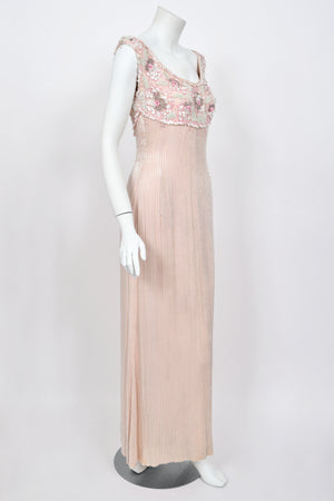 1960's Helen Rose Custom Couture Pale Pink Silk Fully-Beaded Glamour Gown