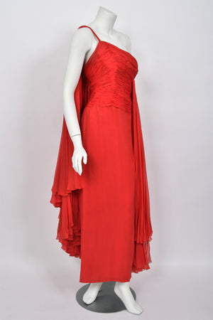 1960's Martha Weathered Couture Ruby-Red Pleated Silk Draped Goddess Gown