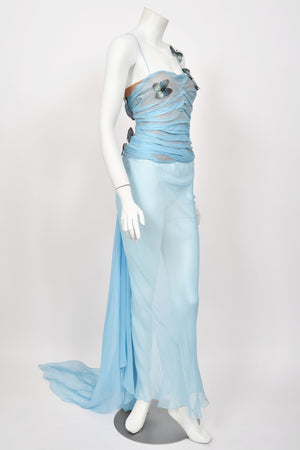1998 Dolce & Gabbana 'Stromboli Collection' Hand-Painted Butterflies Blue Silk Corset Gown