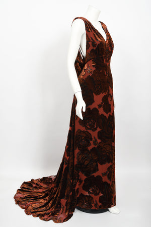 1999 Galindo Couture Metallic Amber Devoré Velvet Bias-Cut Trained Gown