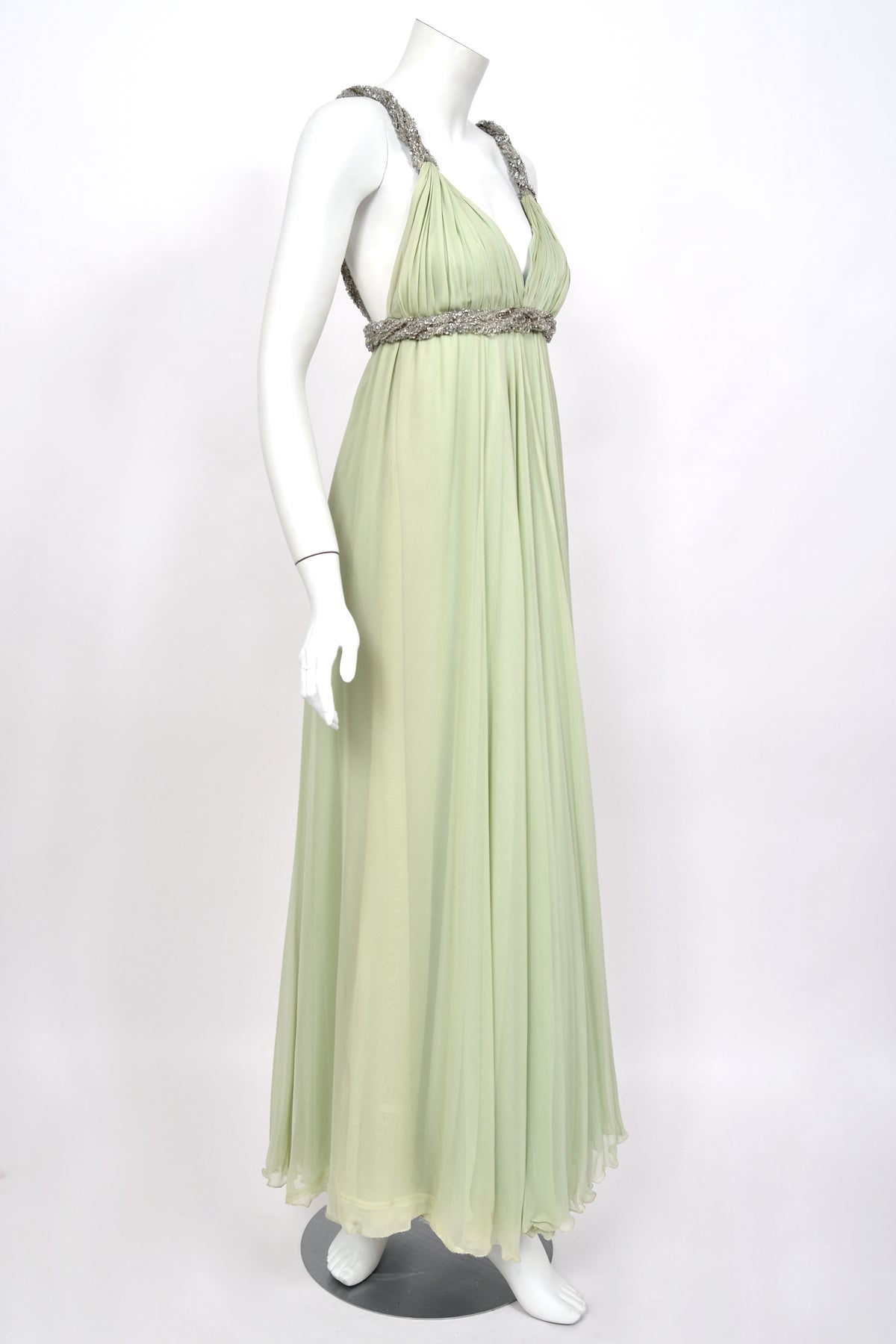 1965 Sarmi Couture Seafoam Green Jeweled Silk Chiffon Empire Plunge Grecian Gown