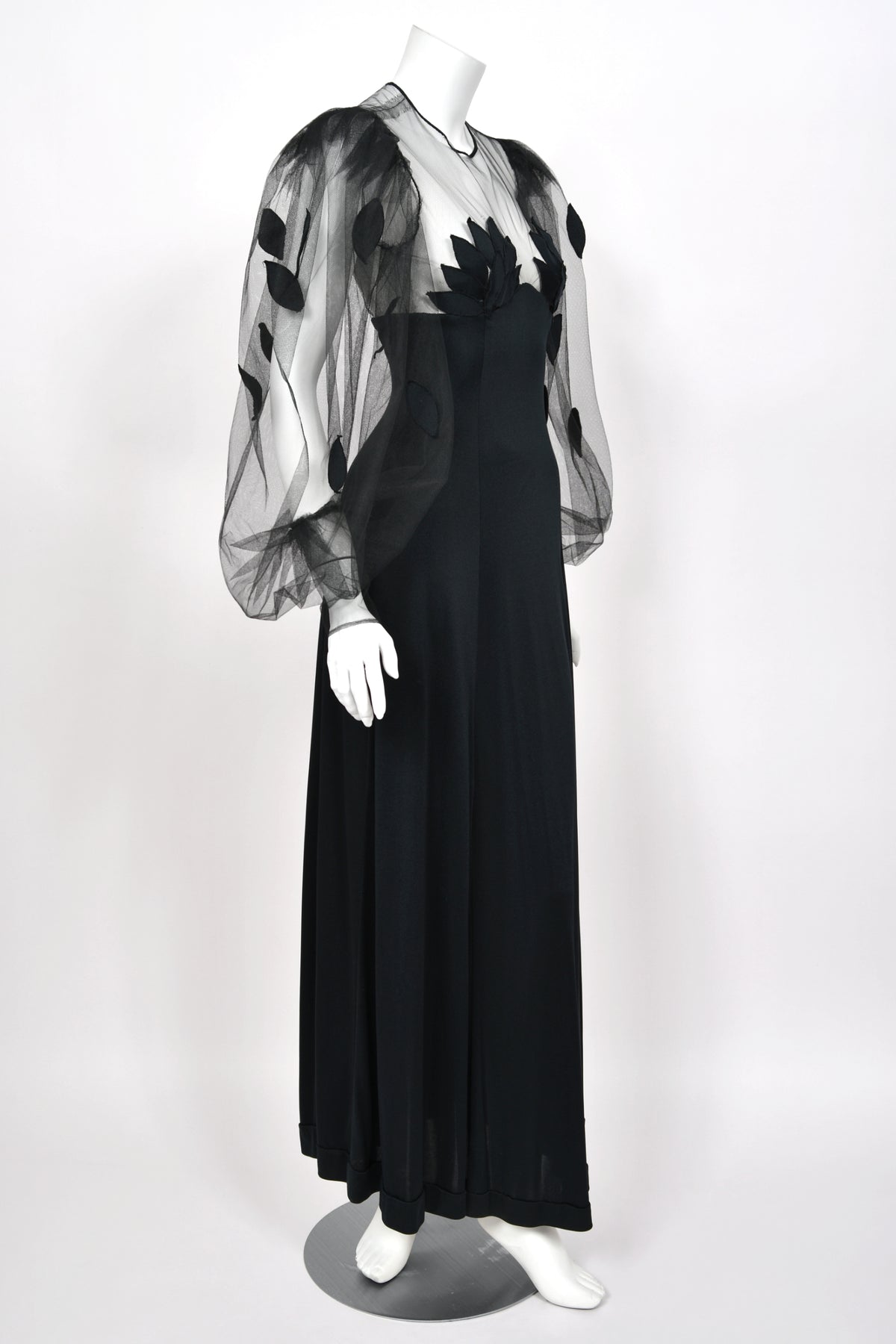 1979 Loris Azzaro Black Silk Jersey Sheer Illusion Petal Motif Billow-Sleeve Gown