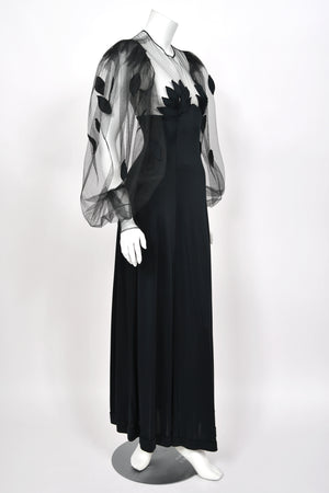 1979 Loris Azzaro Black Silk Jersey Sheer Illusion Petal Motif Billow-Sleeve Gown