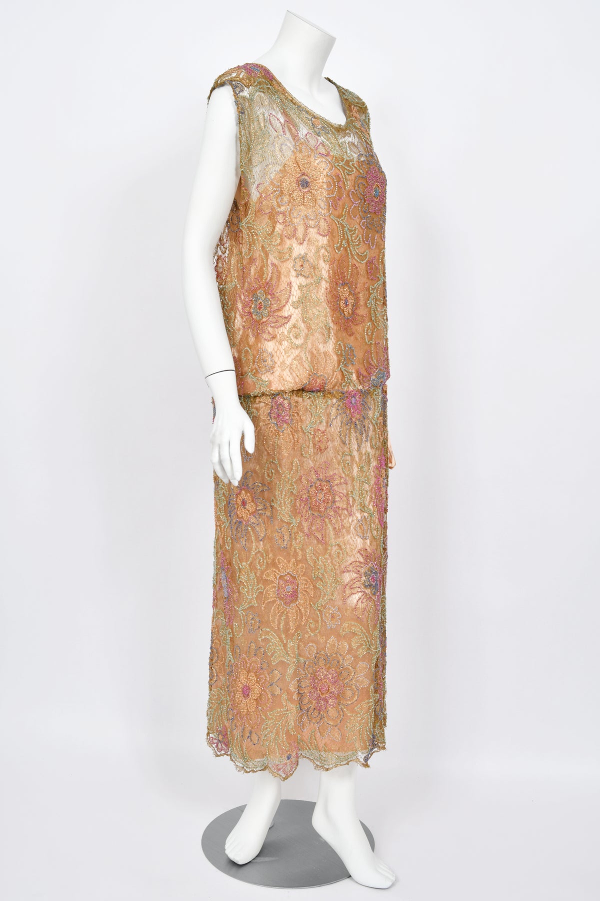 1920&#39;s French Couture Colorful Beaded Metallic Lamè Lace &amp; Pink Silk Dress
