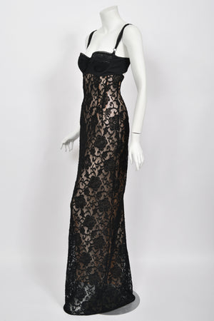 1997 Dolce & Gabbana Sheer Black Stretch Lace Built-In Bra Hourglass Slip Gown