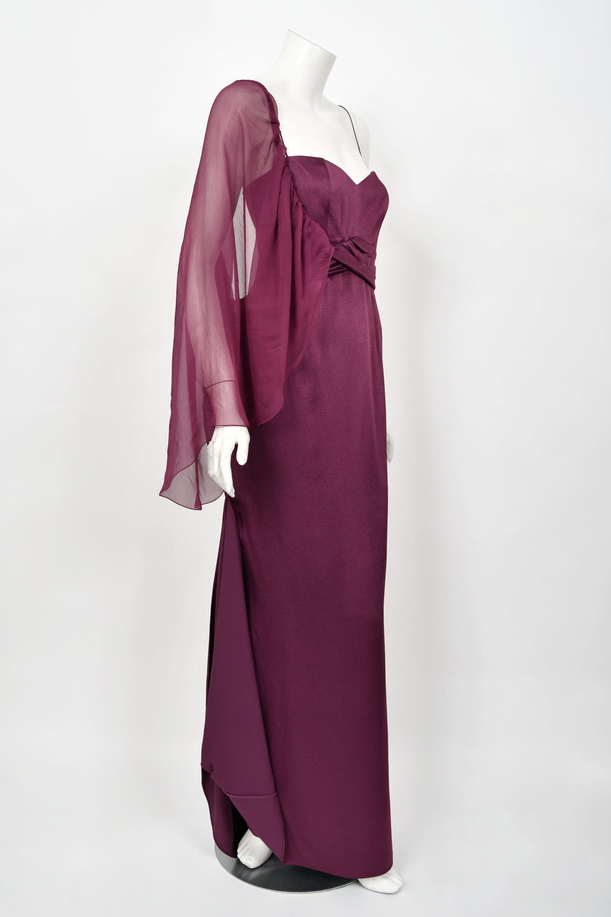 2000 Christian Dior by John Galliano Purple Silk Sheer-Sleeve Asymmetric Draped Gown