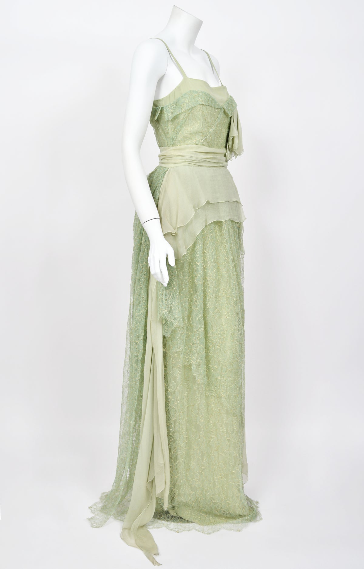 2007 John Galliano Metallic Mint-Green Lace &amp; Sheer Silk Tiered Ethereal Gown w/Tags