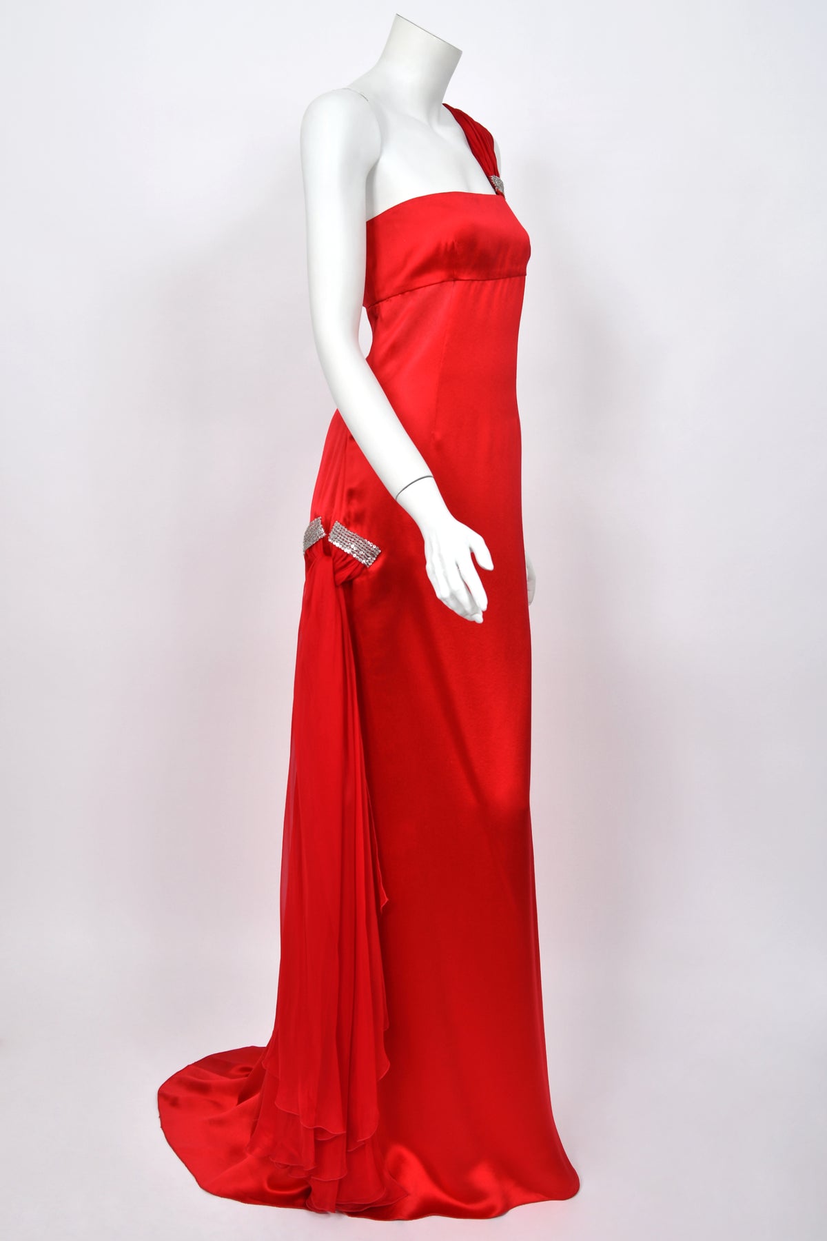 2008 Valentino Ruby Red Sequin Silk Asymmetric One-Shoulder Draped Sash Gown w/Tags
