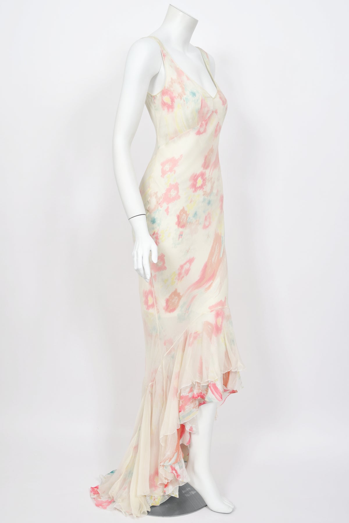 2008 John Galliano &#39;Grey Gardens&#39; Collection Floral Silk High Low Bias-Cut Gown