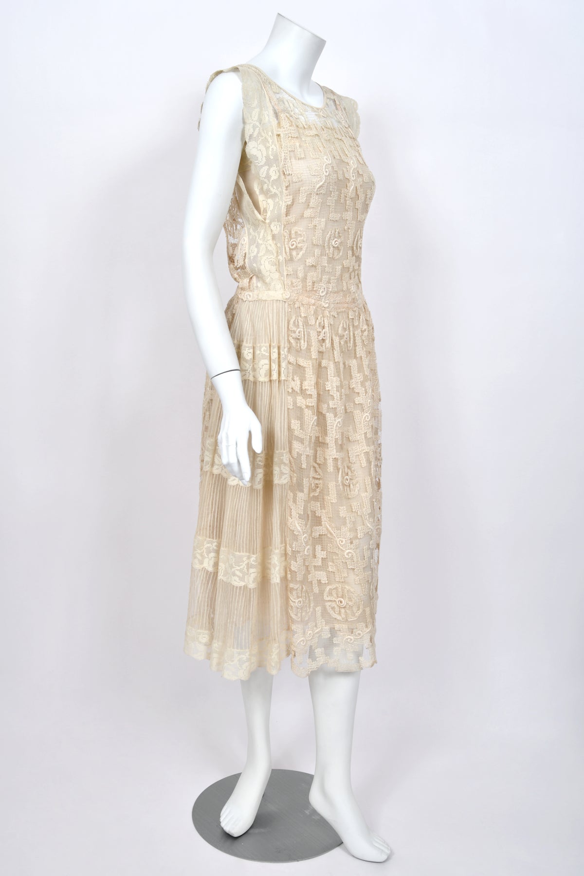 1920's French Cream Heavily Embroidered Deco Motif Filet Lace & Sheer Net Tea-Length Dress