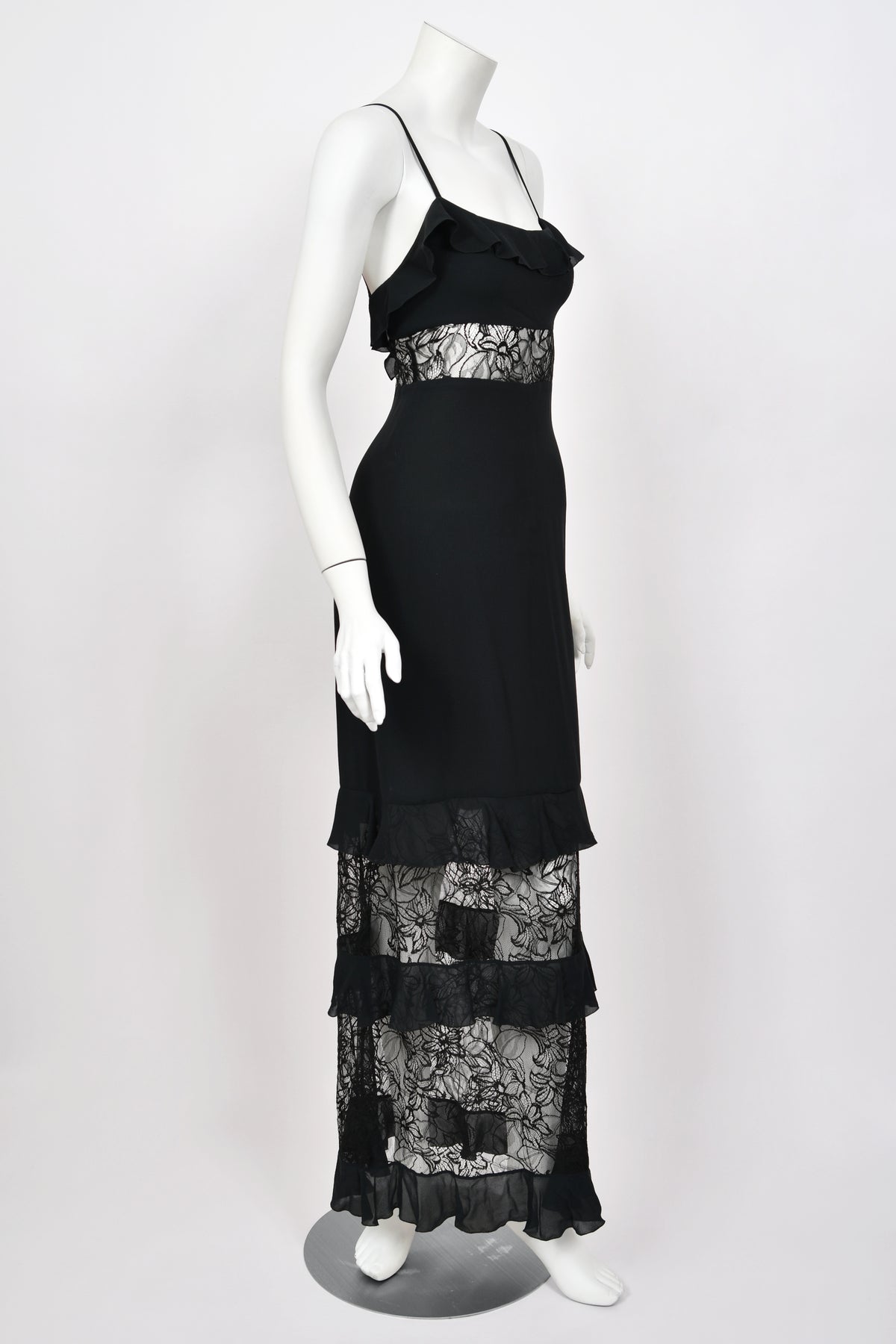 1994 Chanel by Karl Lagerfeld Cruise Collection Sheer Black Lace Ruffle-Trim Lingerie Gown
