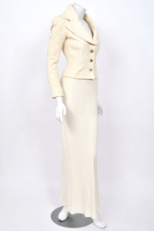 1998 John Galliano 'Haut Bohème' Collection Ivory Fitted Textural Jacket & Bias-Cut Maxi Skirt Set