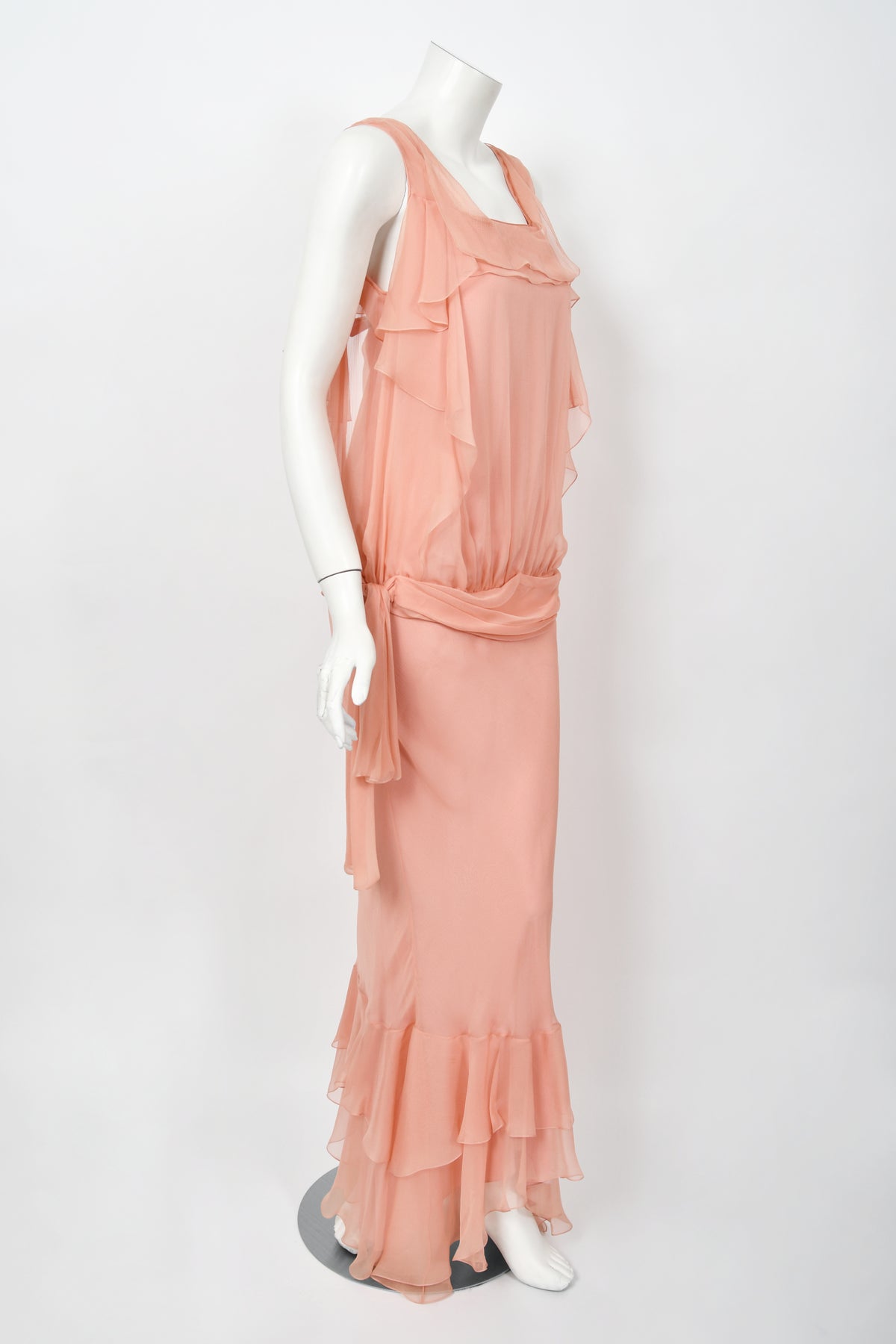 2008 John Galliano Pale Pink Semi-Sheer Silk Draped Ruffle Bias-Cut Gown