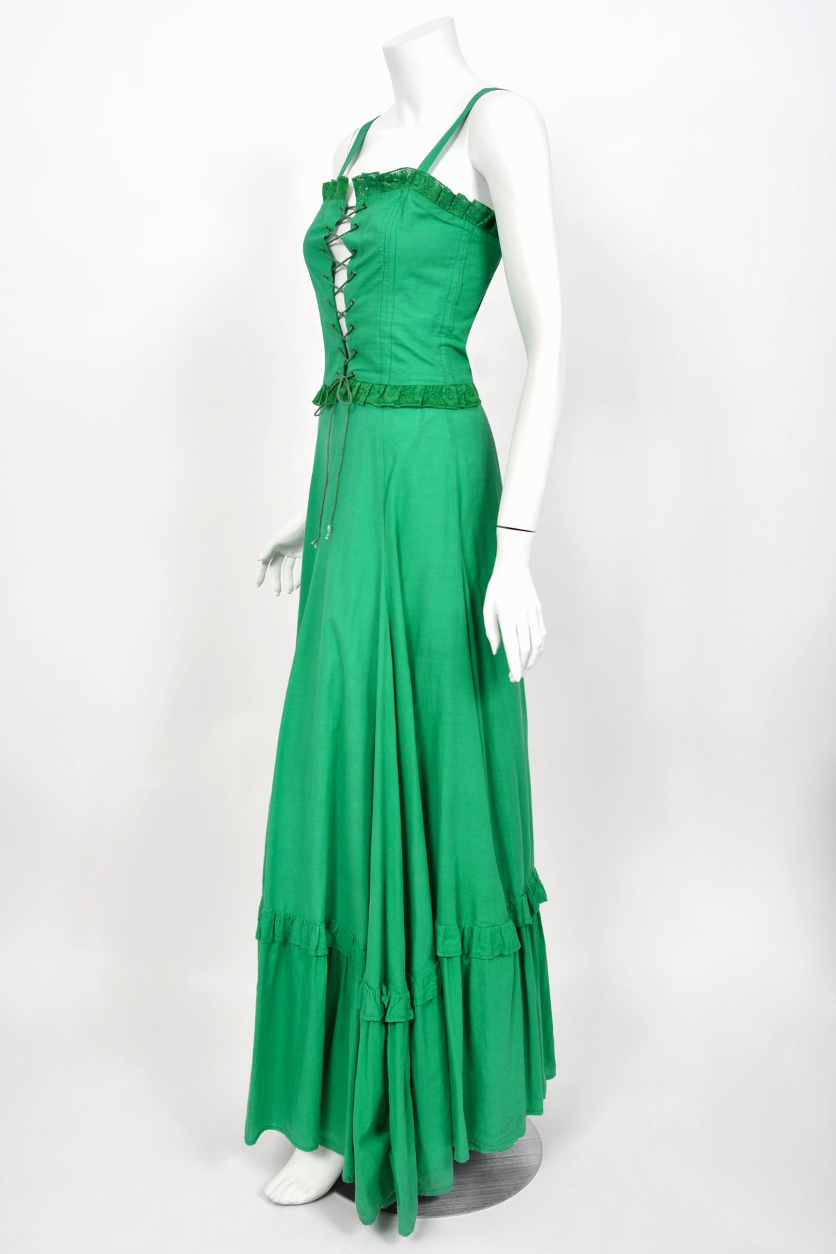 1976 Biba Emerald Green Cotton Lace-Up Corset Top & Matching Maxi Skirt